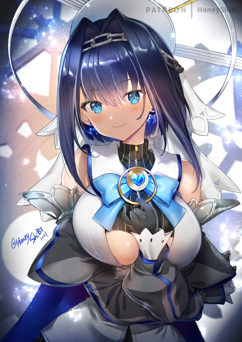 1girl between_breasts black_gloves blue_eyes blue_hair blush bow bow_earrings breasts chain closed_mouth detached_sleeves earrings gloves hand_on_own_chest highres hololive hololive_english jewelry large_breasts looking_at_viewer ouro_kronii patreon_username shibi short_hair smile solo twitter_username underboob upper_body virtual_youtuber