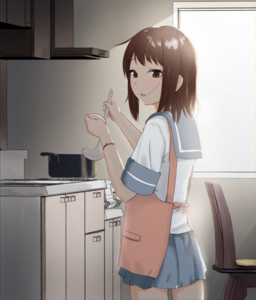 1girl alternate_hairstyle apron black_eyes black_hair blue_sailor_collar blue_skirt brown_eyes cabinet chair commentary_request cowboy_shot fubuki_(kancolle) hair_down highres kantai_collection kitchen ladle orange_apron pleated_skirt pot sailor_collar sakieko school_uniform serafuku short_hair skirt solo standing stove window