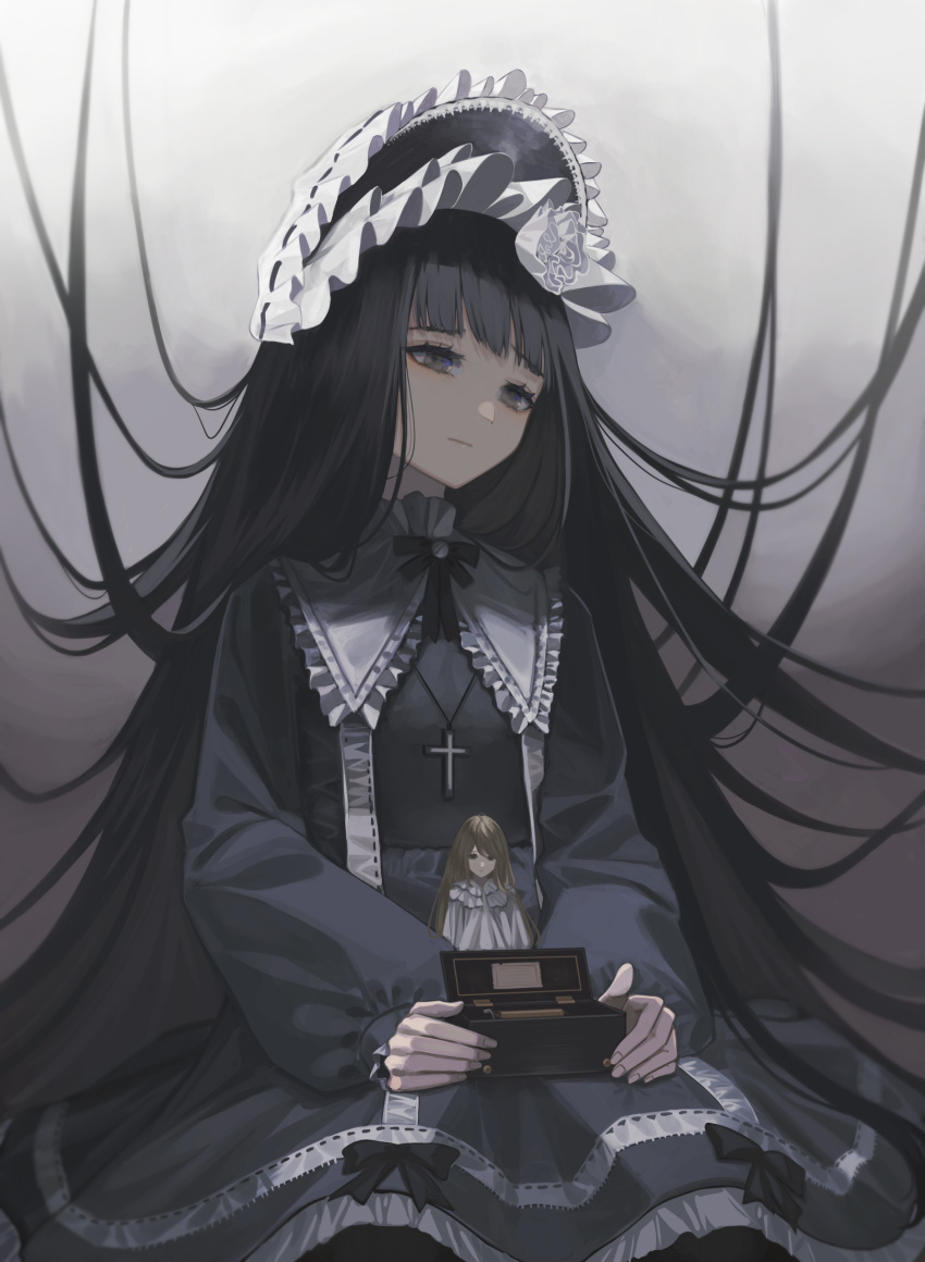 1girl absurdres bangs black_bow black_dress black_hair black_ribbon blunt_bangs bow brown_eyes closed_mouth commentary_request cross cross_necklace doll dress frilled_dress frills gothic_lolita gradient gradient_background grey_background hair_up highres holding jewelry lolita_fashion long_hair long_sleeves neck_ribbon necklace on_lap original puffy_long_sleeves puffy_sleeves ribbon sitting solo yamada_maya_(yamdmay)