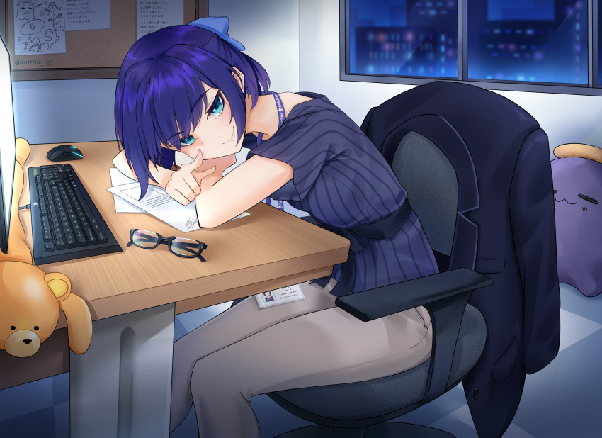 1girl a-chan_(hololive) absurdres ankimo_(tokino_sora) arm_support blue_bow blue_eyes blue_hair blue_shirt blush bow breasts bulletin_board cameo chair checkered checkered_floor city closed_mouth commentary computer desk english_commentary eyebrows_visible_through_hair eyewear_removed feet_out_of_frame grey_pants hair_bow hair_intakes half_updo head_rest highres hololive id_card indoors jacket jacket_removed keyboard_(computer) lanyard listener_(inugami_korone) looking_at_viewer medium_breasts monitor mouse_(computer) night office_chair official_alternate_costume ootoii pants paper pointing pointing_at_viewer shirt short_hair sitting smile solo ssrb striped striped_shirt stuffed_animal stuffed_toy subaru_duck tako_(ninomae_ina'nis) twitter_username vertical-striped_shirt vertical_stripes virtual_youtuber window