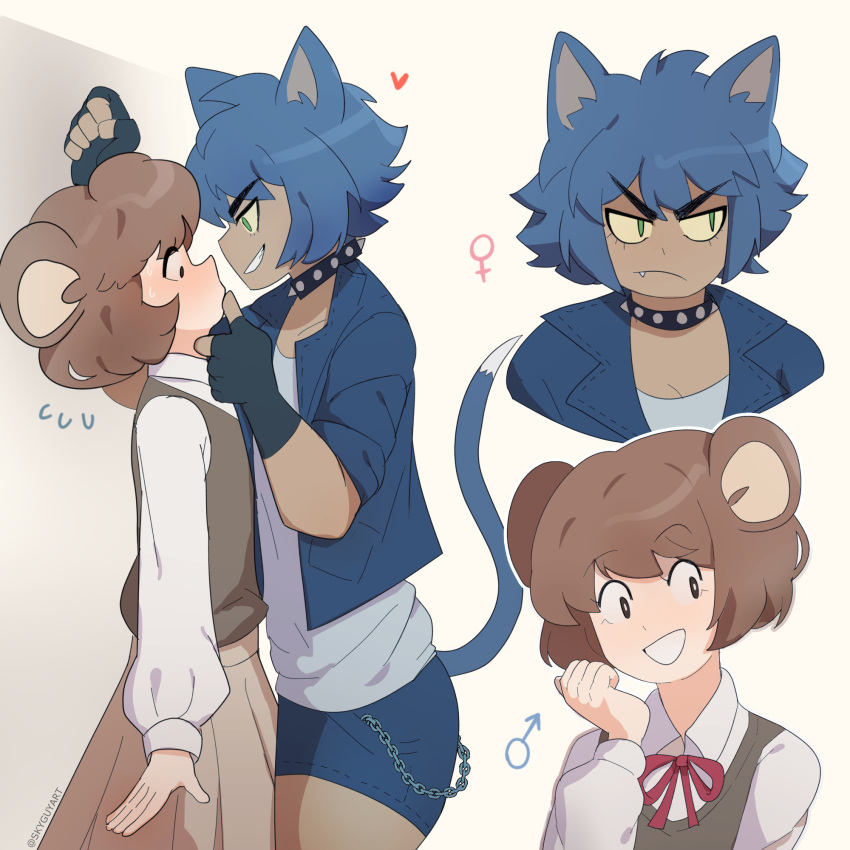1boy 1girl :d animal_ears assertive_female blush cat_ears cat_girl cat_tail collar crossdressing dark-skinned_female dark_skin english_commentary eye_contact fang fingerless_gloves flying_sweatdrops genderswap genderswap_(mtf) gloves grabbing_another's_chin grin hand_on_another's_chin heart hetero highres jerry_(tom_and_jerry) kabedon looking_at_another mouse_boy mouse_ears nervous nose_blush open_mouth original otoko_no_ko personification pun short_hair sky_guy_art smile spiked_collar spikes sweatdrop tail tom_(tom_and_jerry) tom_and_jerry tomboy twitter_username v-shaped_eyebrows