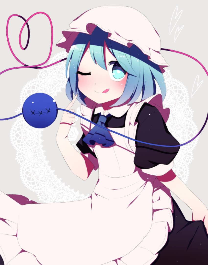 1girl ;q alternate_costume apron ascot bangs blue_ascot closed_mouth eyebrows_visible_through_hair eyes_visible_through_hair green_eyes green_hair grey_background hat heart heart_of_string highres komeiji_koishi looking_at_viewer maid mob_cap one_eye_closed puffy_short_sleeves puffy_sleeves short_sleeves smile solo standing third_eye tongue tongue_out touhou white_apron white_headwear you_(noanoamoemoe)