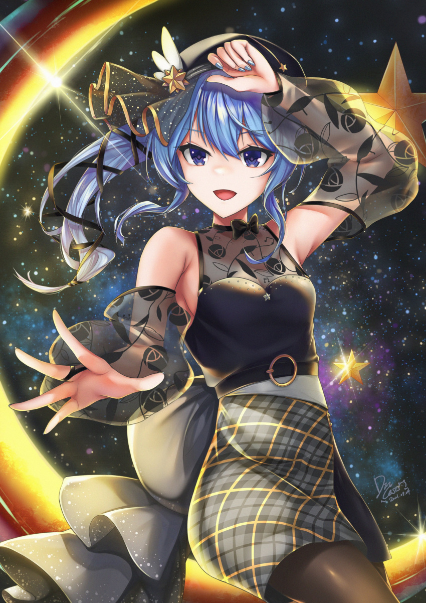 1girl :d absurdres arm_up bangs bare_shoulders black_bow black_ribbon black_shirt blue_eyes blue_hair blue_nails bow breasts brown_legwear commentary_request cowboy_shot dated detached_sleeves dincat eyebrows_visible_through_hair floating_hair grey_skirt hair_ribbon highres hololive hoshimachi_suisei long_hair long_sleeves looking_at_viewer nail_polish night night_sky open_mouth pantyhose plaid plaid_skirt ribbon see-through_sleeves shirt side_ponytail sidelocks signature skirt sky sleeveless sleeveless_shirt small_breasts smile solo star_(sky) star_(symbol) star_in_eye starry_sky symbol_in_eye virtual_youtuber