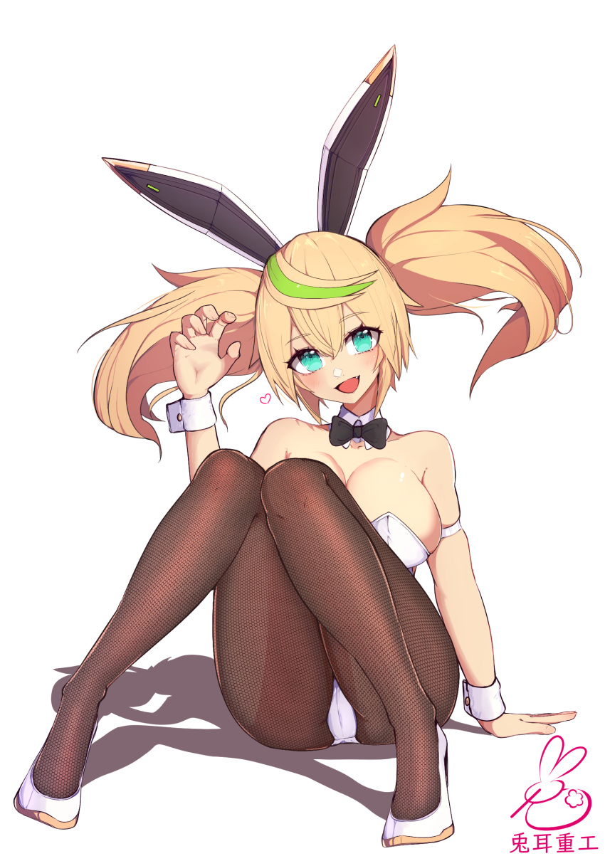 1girl :d animal_ears aqua_eyes armlet black_bow blonde_hair bow bowtie breasts brown_legwear detached_collar fishnet_legwear fishnets full_body gene_(pso2) green_hair heart highres large_breasts leotard long_hair looking_at_viewer multicolored_hair open_mouth pantyhose phantasy_star phantasy_star_online_2 playboy_bunny rabbit_ears shadow shiny shiny_skin shoes signature simple_background sitting smile solo streaked_hair toji_juukou twintails two-tone_hair white_background white_footwear white_leotard wrist_cuffs
