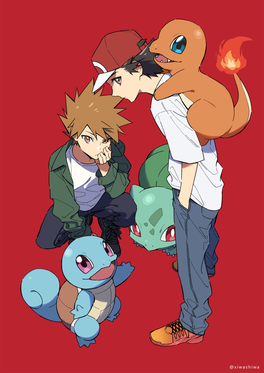 2boys absurdres alternate_costume bangs baseball_cap black_pants blue_oak brown_eyes brown_hair bulbasaur charmander closed_mouth commentary_request green_jacket hand_in_pocket hat highres jacket male_focus multiple_boys open_clothes open_jacket pants pokemon pokemon_(creature) pokemon_(game) pokemon_frlg red_(pokemon) red_background red_headwear shirt shoes short_hair short_sleeves simple_background sneakers spiked_hair squatting squirtle standing white_shirt xia_(ryugo)