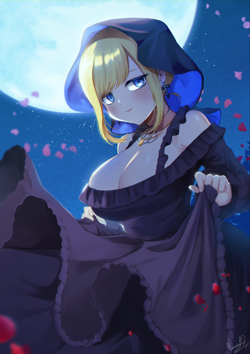1girl absurdres alice_lendrott apron bangs bare_shoulders black_apron black_dress blonde_hair blue_eyes blush bonnet breasts choker cleavage cross cross_earrings curtsey dress earrings frilled_dress frills full_moon gothic_lolita highres jewelry large_breasts lolita_fashion long_sleeves looking_at_viewer maid medium_hair momoko_nico moon necklace night night_sky off-shoulder_dress off_shoulder outdoors petals ribbon_choker shinigami_bocchan_to_kuro_maid sidelocks signature sky smile solo star_(sky) starry_sky swept_bangs twitter_username