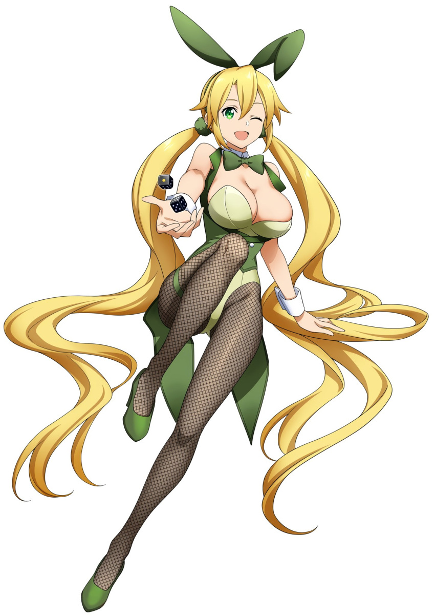 1girl ;d animal_ears blonde_hair bow bowtie detached_collar fake_animal_ears fake_tail fishnet_legwear fishnets full_body green_eyes high_heels highres leafa leotard long_hair one_eye_closed open_mouth pantyhose playboy_bunny ponytail rabbit_ears rabbit_tail simple_background smile strapless strapless_leotard sword_art_online tail very_long_hair white_background zerods