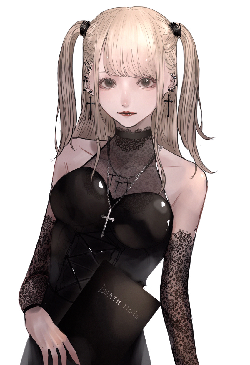 1girl absurdres amane_misa bangs black_dress black_hair blonde_hair book breasts collarbone cross cross_earrings cross_necklace death_note death_note_(object) detached_sleeves dress ear_piercing earrings halterneck highres holding holding_book jewelry long_hair looking_at_viewer mano_aaa medium_breasts necklace piercing simple_background solo two_side_up white_background