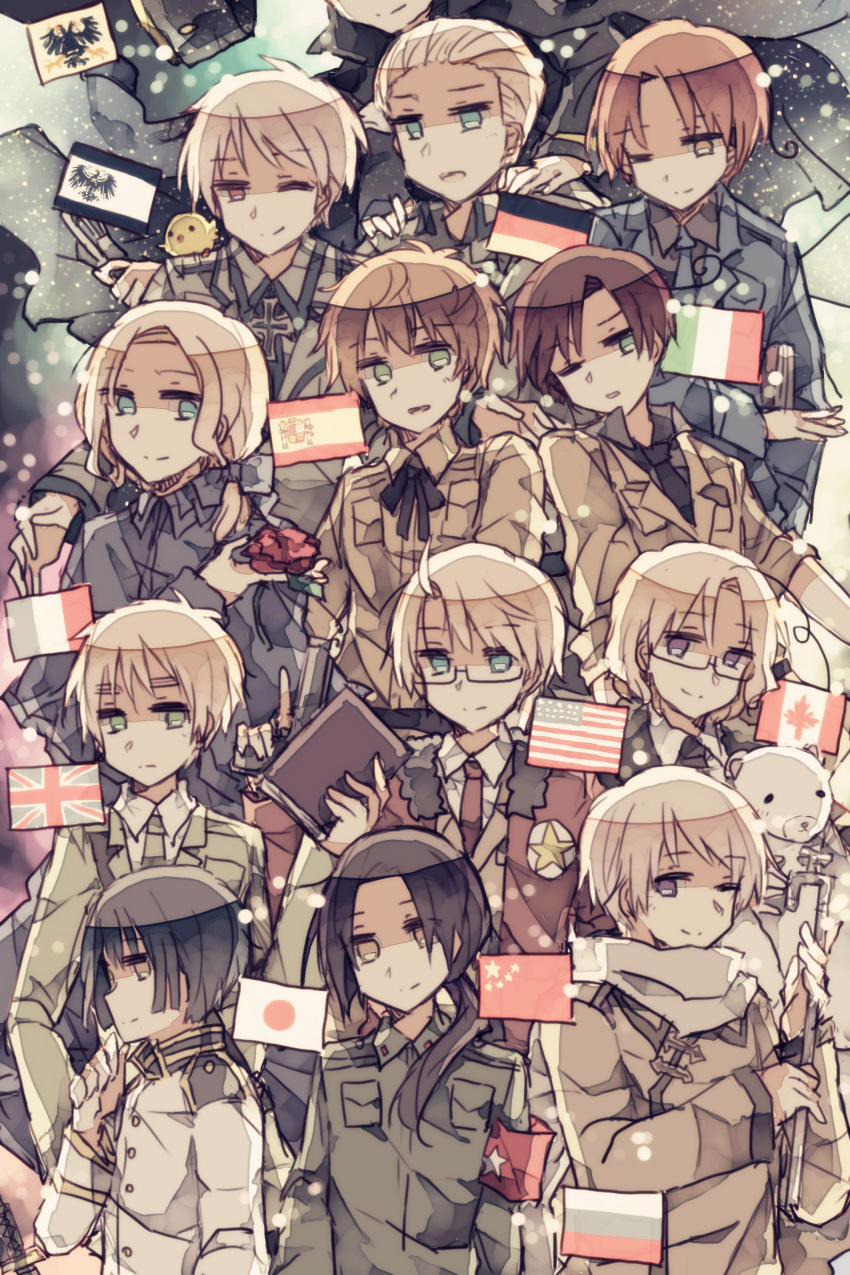 6+boys absurdres america_(hetalia) axis_powers_hetalia black_hair blonde_hair blue_eyes brown_hair canada_(hetalia) china_(hetalia) flag france_(hetalia) germany_(hetalia) green_eyes highres holy_roman_empire_(hetalia) japan_(hetalia) kumajirou_(hetalia) kyuutame military military_uniform multiple_boys northern_italy_(hetalia) prussia_(hetalia) purple_eyes red_eyes russia_(hetalia) silver_hair southern_italy_(hetalia) spain_(hetalia) uniform united_kingdom_(hetalia)