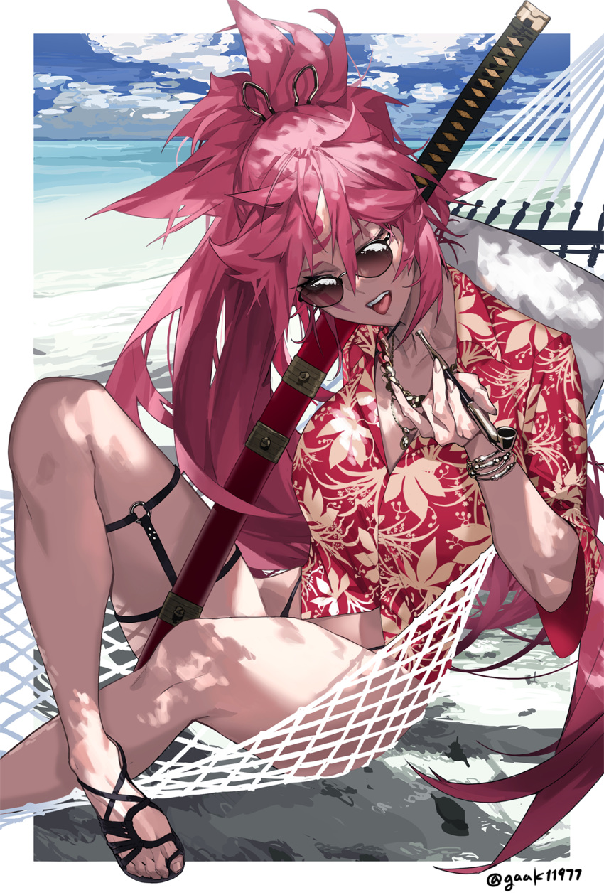 1girl alternate_costume baiken bangs beach breasts casual cloud cloudy_sky facial_mark fingernails gaak11977 guilty_gear hair_between_eyes hawaiian_shirt highres holding holding_weapon jewelry long_hair necklace ocean open_mouth pipe ponytail sand sandals scar scar_across_eye sharp_fingernails sheath sheathed shirt sitting sky solo summer sunglasses sword thigh_strap tongue tongue_out twitter_username weapon