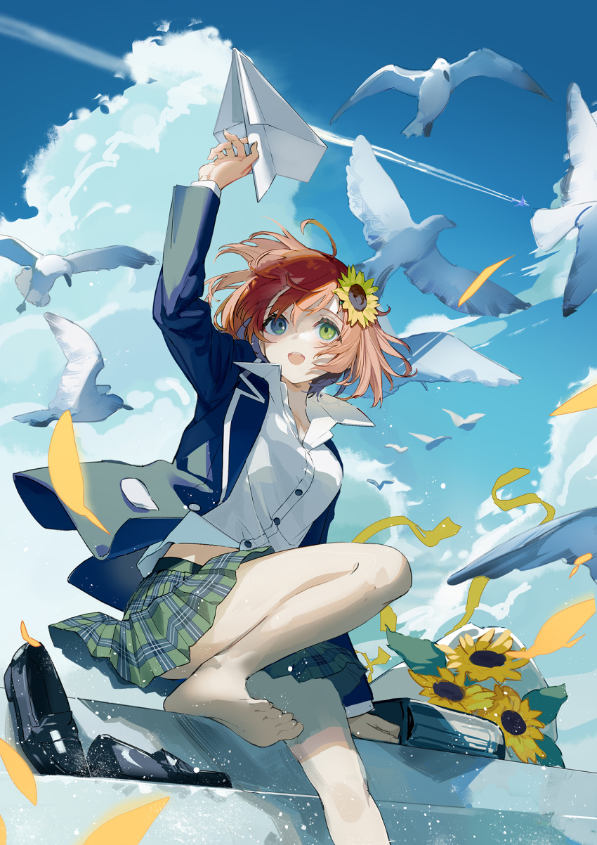 1girl ahoge aircraft airplane arm_up bare_legs barefoot bird black_footwear blazer blue_jacket blue_sky breasts cloud cloudy_sky collared_shirt commentary condensation_trail day dress_shirt floating_hair flower foot_out_of_frame green_eyes green_skirt hair_between_eyes hair_flower hair_ornament highres holding_paper_airplane honma_himawari jacket loafers long_sleeves looking_up lowro_(en) medium_breasts miniskirt nijisanji open_clothes open_jacket open_mouth orange_hair outdoors paper_airplane plaid plaid_skirt pleated_skirt ribbon shirt shoes shoes_removed short_hair skirt sky smile solo sunflower uniform virtual_youtuber white_shirt wind wind_lift yellow_ribbon