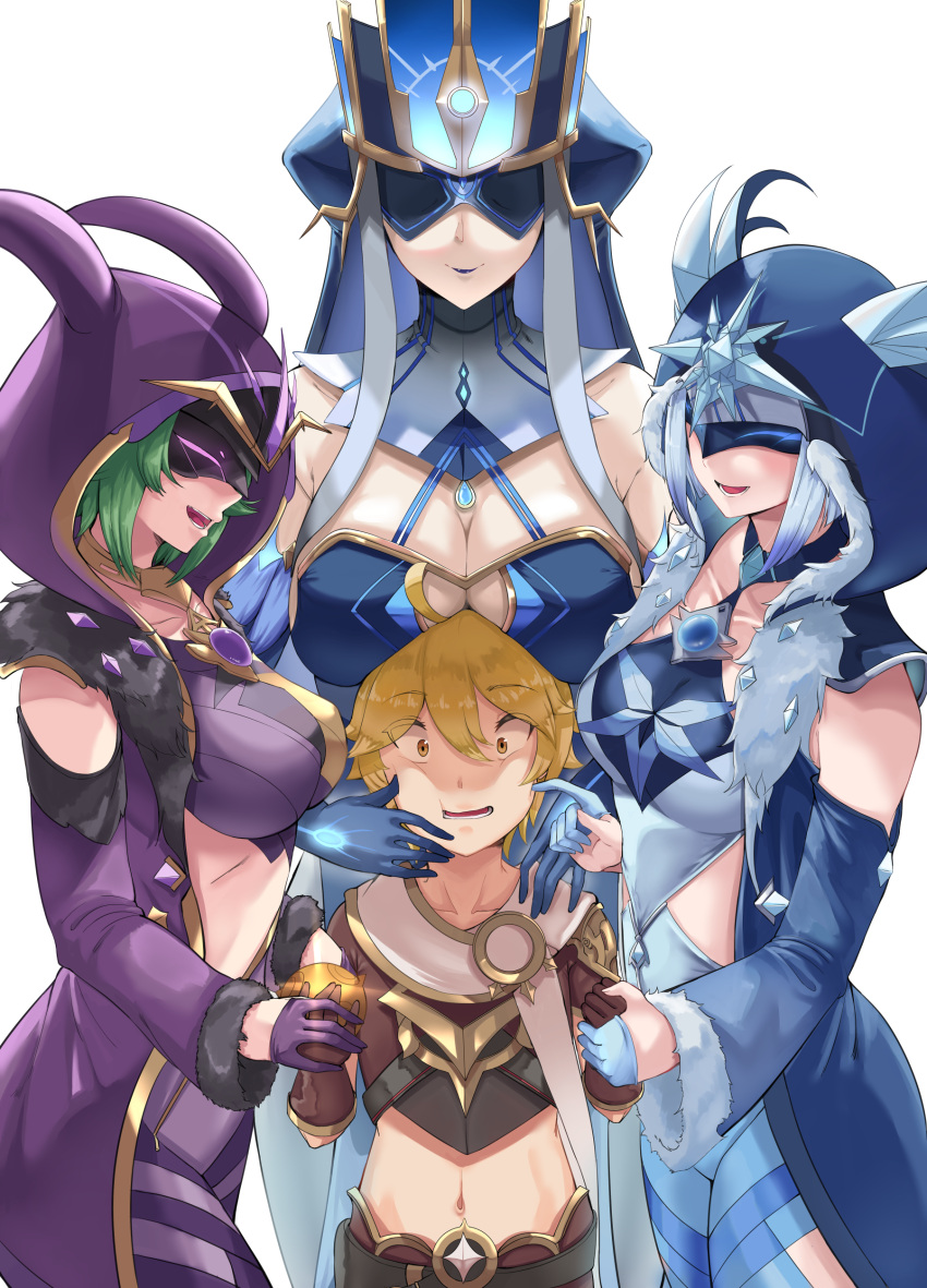 1boy 3girls absurdres aether_(genshin_impact) ahoge bangs bare_shoulders blonde_hair breast_rest breasts breasts_on_head cicin_mage_(genshin_impact) cleavage collarbone commentary covered_eyes cryo_cicin_mage_(genshin_impact) electro_cicin_mage_(genshin_impact) english_commentary eyebrows_visible_through_hair foreshortening fur-trimmed_hood fur-trimmed_sleeves fur_trim genshin_impact girl_sandwich gloves green_hair hair_between_eyes half_gloves half_mask hand_on_another's_arm hand_on_another's_face hand_on_another's_shoulder height_difference highres holding hood hood_up large_breasts light_blue_hair long_sleeves mask mirror_maiden_(genshin_impact) multiple_girls navel open_mouth pants profile purple_gloves razzdrawing sandwiched smile tall_female wide_sleeves yellow_eyes