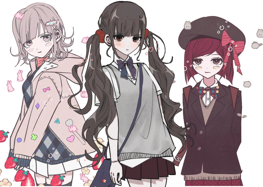 3girls alternate_costume alternate_hair_ornament animal_print arms_behind_back bangs black_bow black_headwear black_jacket blush blush_stickers bow bowtie brown_hair brown_jacket brown_vest bunny_print collared_shirt danganronpa_(series) danganronpa_2:_goodbye_despair danganronpa_v3:_killing_harmony dress_shirt eyebrows_visible_through_hair flipped_hair food from_side fruit hair_ornament hair_scrunchie hamster harukawa_maki hat hat_bow highres hood hood_down hooded_jacket jacket kkonmeo long_hair looking_at_viewer mole mole_under_eye multiple_girls nanami_chiaki pleated_skirt pout red_bow red_eyes red_hair red_scrunchie red_skirt scrunchie shirt short_hair short_sleeves simple_background skirt strawberry striped striped_bow twintails vest white_background white_shirt yumeno_himiko