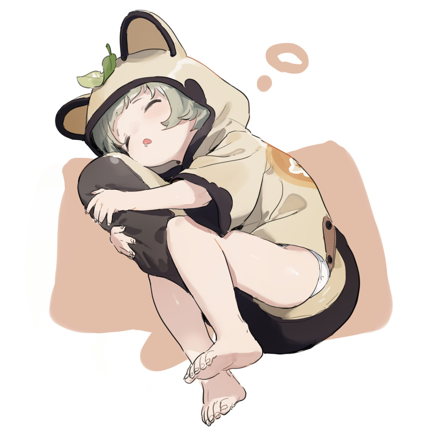 1girl :o animal_hood bangs barefoot blush genshin_impact grey_hair highres hood hood_up leaf leaf_on_head lying on_side panties saliva sayu_(genshin_impact) sh_(562835932) short_hair short_sleeves simple_background sleeping solo tail tail_hug two-tone_background underwear white_panties