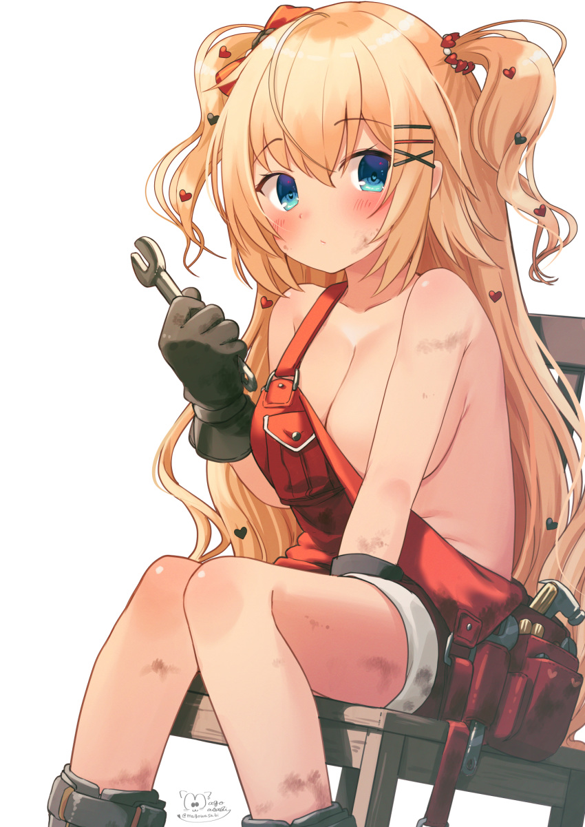 1girl akai_haato bangs black_gloves blonde_hair blue_eyes blush breasts closed_mouth commentary_request eyebrows_visible_through_hair feet_out_of_frame gloves hair_between_eyes hair_ornament hairclip heart heart_hair_ornament highres holding holding_wrench hololive large_breasts long_hair looking_at_viewer magowasabi naked_overalls on_chair overall_shorts overalls red_overalls signature simple_background sitting solo tool_belt twitter_username two_side_up very_long_hair virtual_youtuber white_background wooden_chair wrench x_hair_ornament