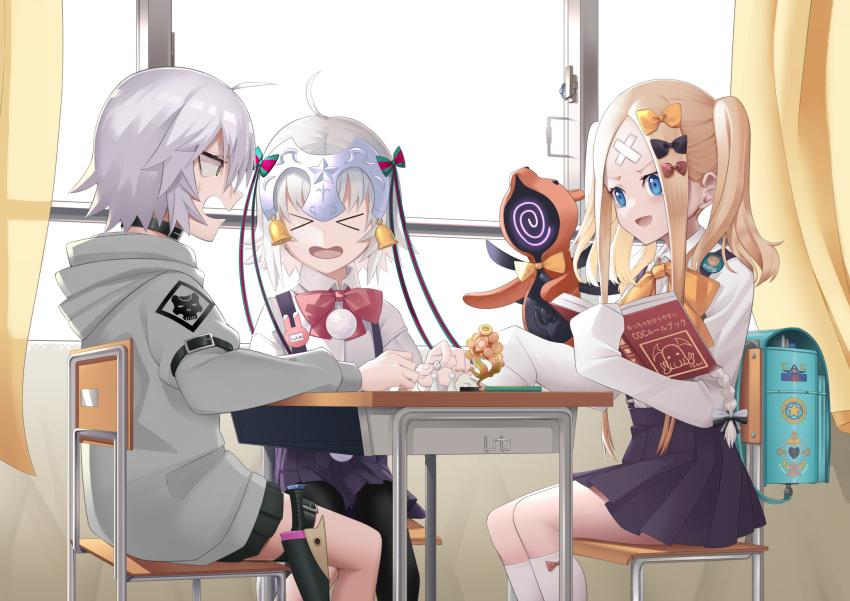 3girls abigail_williams_(fate) abigail_williams_(swimsuit_foreigner)_(fate) backpack bag bandaid bandaid_on_forehead bangs bell black_bow blonde_hair blue_eyes bow contemporary crossed_bandaids cthulhu_mythos emuki_(armies_soul) fate/apocrypha fate/grand_order fate_(series) forehead green_eyes green_ribbon hair_bow headpiece highres jack_the_ripper_(fate/apocrypha) jeanne_d'arc_(fate) jeanne_d'arc_alter_santa_lily_(fate) long_hair multiple_bows multiple_girls multiple_hair_bows orange_bow parted_bangs polka_dot polka_dot_bow randoseru ribbon scar scar_across_eye scar_on_cheek scar_on_face sleeves_past_fingers sleeves_past_wrists striped striped_bow striped_ribbon very_long_hair white_hair
