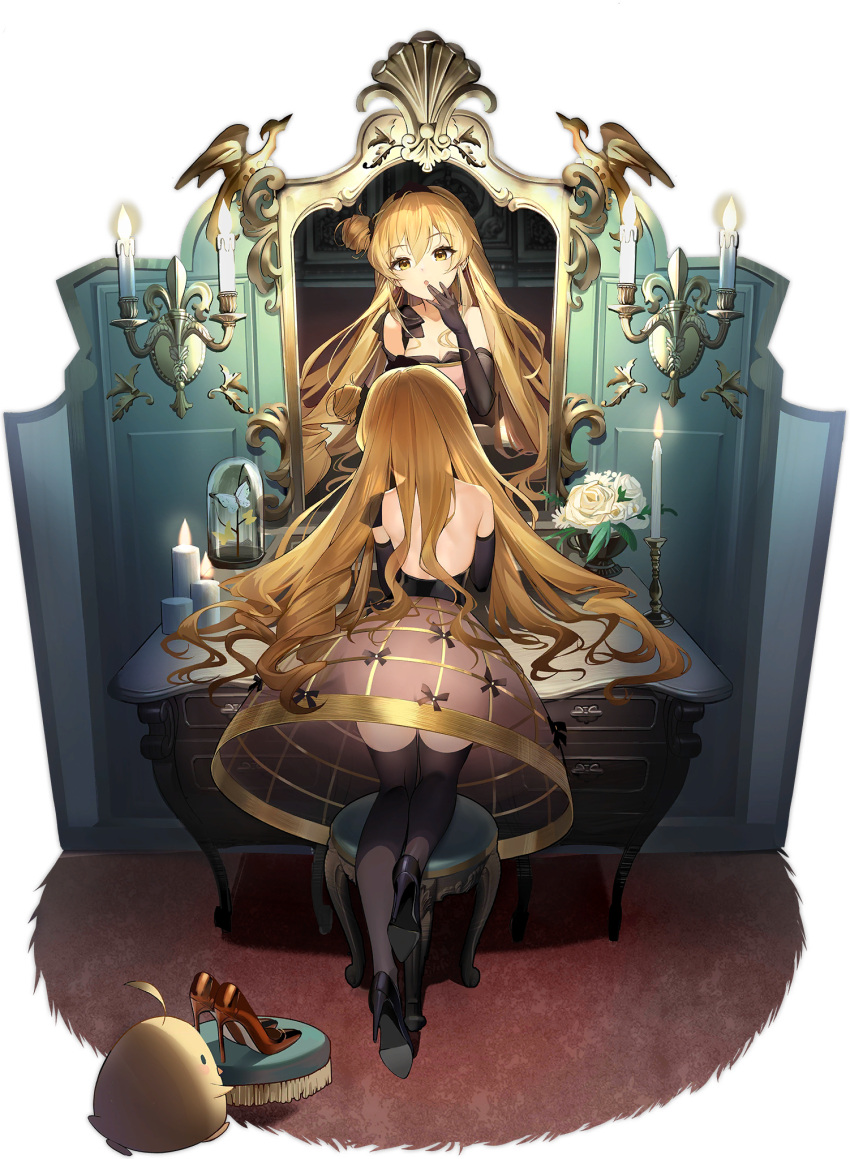 :o asymmetrical_hair azur_lane bare_shoulders black_dress black_footwear black_gloves black_legwear blonde_hair candelabra candle chest_of_drawers closed_eyes dress elbow_gloves flower gloves hair_bun hand_to_own_mouth high_heels highres long_hair mirror official_alternate_costume official_art pavapo reflection san_juan_(azur_lane) san_juan_(the_longing_princess)_(azur_lane) see-through_dress sleeveless sleeveless_dress stool transparent_background very_long_hair yellow_eyes