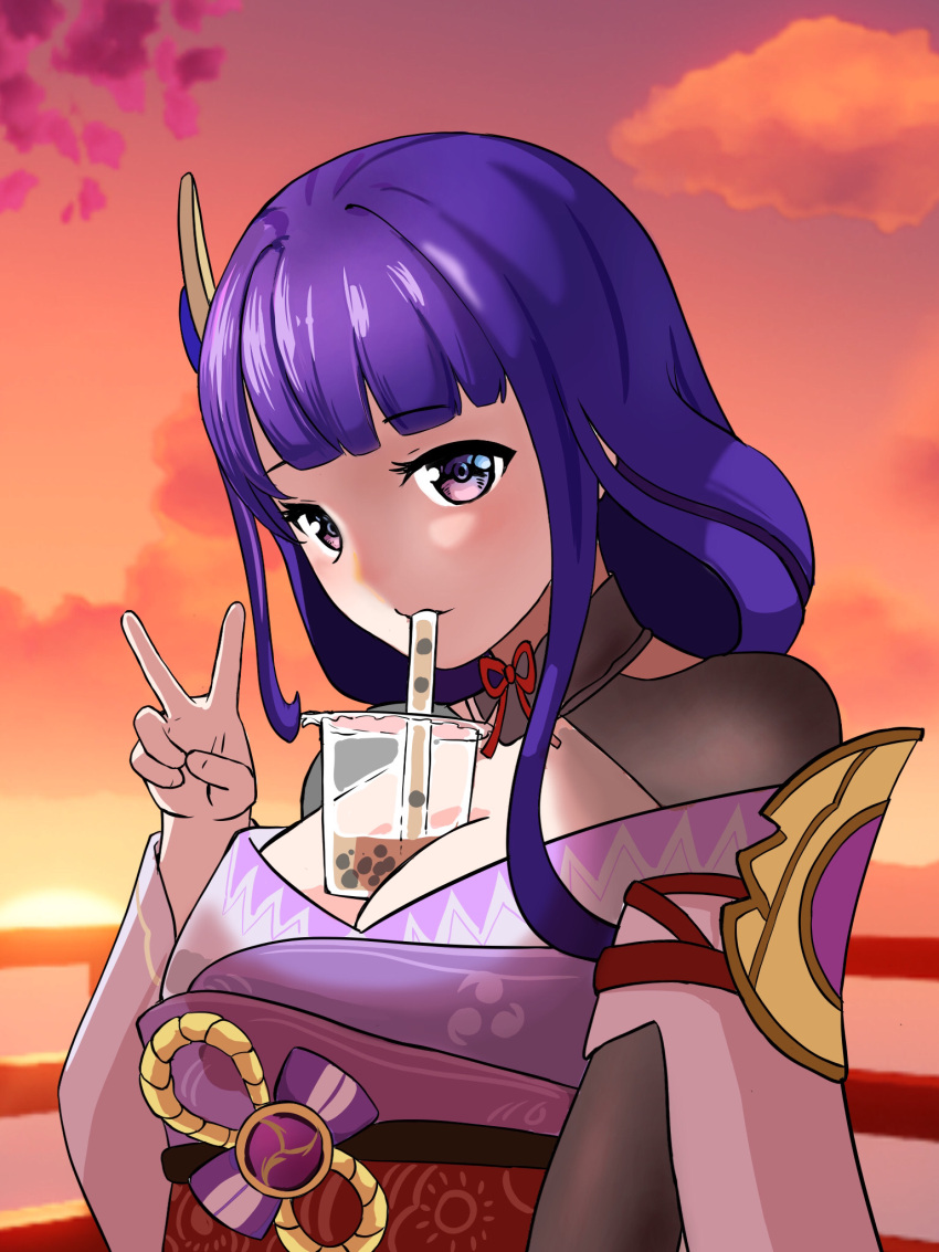 1girl armor bangs blunt_bangs bow bowtie braid braided_ponytail breasts bubble_tea bubble_tea_challenge cleavage commentary_request cup disposable_cup drinking drinking_straw drinking_straw_in_mouth eyebrows_visible_through_hair genshin_impact hair_ornament highres japanese_clothes long_hair looking_at_viewer low_ponytail obi purple_eyes purple_hair raiden_shogun rullocu sash shoulder_armor sidelocks single_braid smile solo v vision_(genshin_impact) wide_sleeves