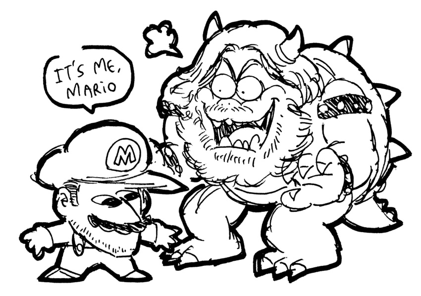 2boys beard bowser bowser_(cosplay) catchphrase chris_pratt cosplay english_text facial_hair greyscale hat highres jack_black josh-s26 long_hair male_focus mario mario_(cosplay) mario_(series) monochrome multiple_boys mustache open_hands open_mouth overalls real_life sharp_teeth shell simple_background sketch smile speech_bubble spikes stubble super_mario_bros._(2022_film) teeth white_background