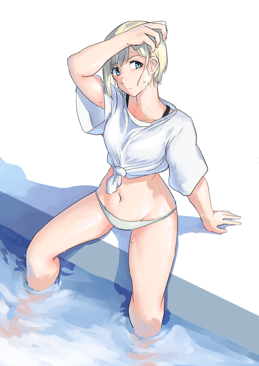 1girl absurdres adjusting_hair aqua_eyes arm_support collarbone commentary_request erica_hartmann from_above highres partially_submerged pondo_(peng-model) shirt short_hair sitting solo spread_legs strike_witches sweat swimsuit water world_witches_series