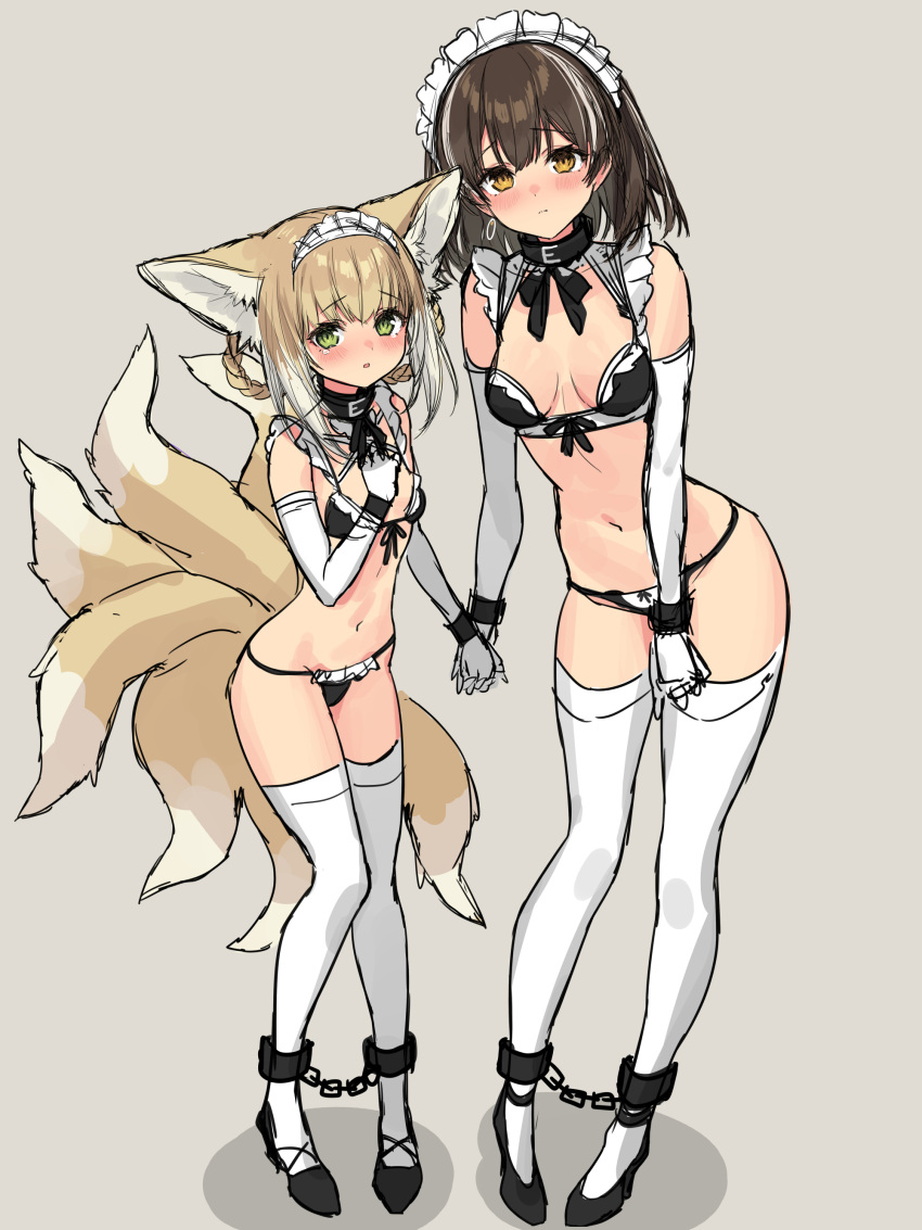2girls :o absurdres animal_ears ankle_cuffs arknights black_bra black_collar black_footwear black_legwear black_neckwear black_panties blonde_hair blush bra braid breasts brown_hair chinese_commentary collar commentary_request detached_sleeves earrings embarrassed fox_ears fox_girl fox_tail full_body green_eyes grey_background hand_up height_difference highres holding_hands jewelry kitsune kyuubi looking_at_viewer magallan_(arknights) maid_headdress medium_breasts multicolored_hair multiple_girls multiple_tails navel panties shadow shoes short_hair sigm@ simple_background sketch small_breasts standing stomach streaked_hair suzuran_(arknights) tail thighhighs underwear white_hair white_headdress white_legwear white_sleeves yellow_eyes