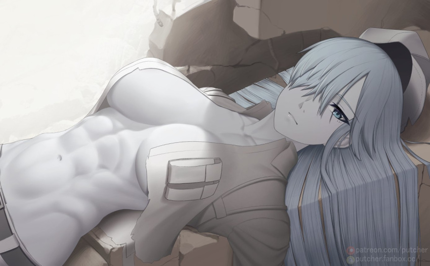 1girl abs artist_name belt breasts colored_skin commentary eyebrows_visible_through_hair fanbox_username grey_hair grey_skin hair_between_eyes hataraku_saibou hataraku_saibou_black large_breasts long_hair looking_at_viewer lying navel on_back patreon_username putcher solo torn_clothes u-1196 upper_body watermark white_blood_cell_(hataraku_saibou)