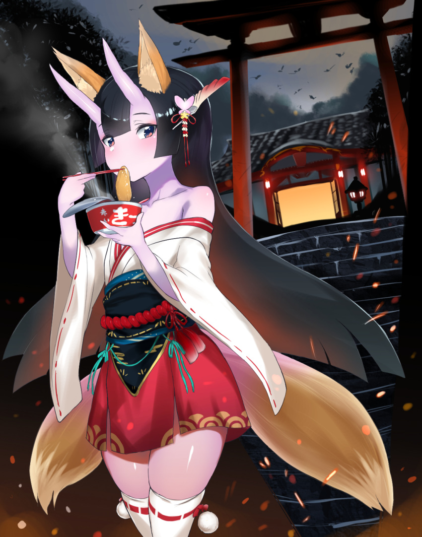 1girl animal_ears bangs black_hair black_sash blunt_bangs blush chopsticks colored_skin cowboy_shot eating food fox_ears hakama hakama_short_skirt hakama_skirt highres holding holding_chopsticks horns japanese_clothes long_hair long_sleeves looking_at_viewer miniskirt noodles obi off_shoulder oni oni_horns purple_skin red_eyes sash skirt solo stairs standing thighhighs torii unizou viprpg white_legwear wide_sleeves