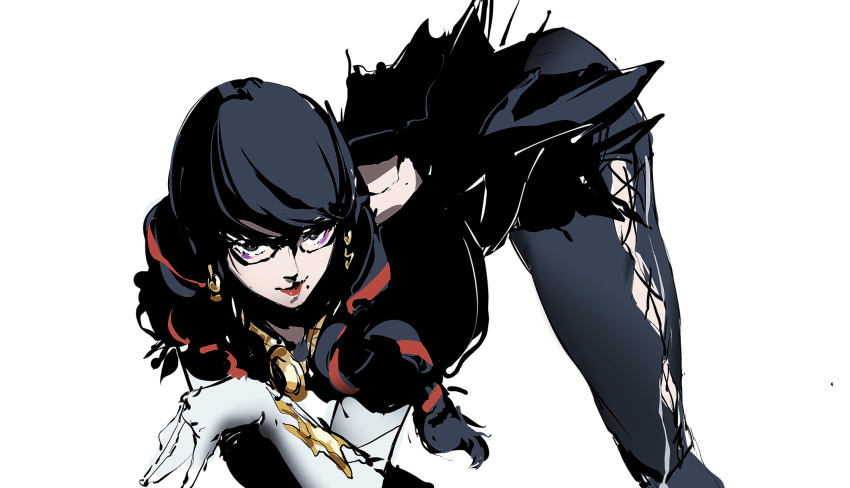 arched_back back_cutout bayonetta bayonetta_(series) bayonetta_3 black_eyes black_hair black_legwear clothing_cutout crossed_arms earrings english_commentary flexible glasses gloves highres jewelry kuno_(runkunochan) leggings long_hair looking_at_viewer mole mole_under_mouth multicolored_hair red_hair red_lips simple_background sketch streaked_hair two-tone_hair white_background white_gloves