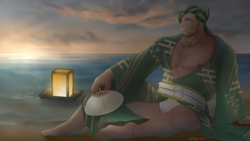 1boy abs absurdres bara bare_pectorals beach beard bulge dark-skinned_male dark_skin eyepatch facial_hair feiya6022 full_body fundoshi green_hair green_kimono hand_fan highres holding holding_fan japanese_clothes kimono large_pectorals leon_(world_flipper) looking_to_the_side male_focus male_underwear mature_male multicolored_hair muscular muscular_male nipples official_alternate_costume open_clothes open_kimono pectorals sand short_hair sitting smile solo stomach sunrise thick_thighs thighs two-tone_hair underwear water white_male_underwear world_flipper