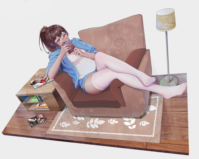 1girl absurdres bangs blue_jacket blue_shorts breasts brown_hair cellphone chinese_commentary commentary_request couch dutch_angle feet full_body glasses hands_up highres holding holding_phone jacket lamp large_breasts long_hair looking_at_viewer magazine_(object) no_shoes on_couch original phone ponytail qizhu red_eyes rug semi-rimless_eyewear shirt shorts simple_background sitting sitting_sideways smartphone solo thighhighs toes white_background white_legwear white_shirt wooden_floor