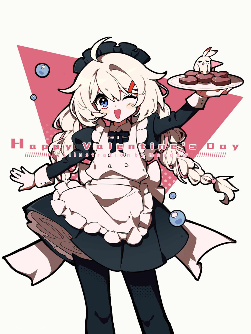 1girl :d absurdres antenna_hair apron bangs bird black_dress black_legwear braid candy chicken chocolate dress food hair_between_eyes hair_ornament hairpin heart heart-shaped_chocolate highres holding holding_plate honkai_(series) honkai_impact_3rd kiana_kaslana long_hair long_sleeves looking_at_viewer maid maid_apron meadow_(morphinecaca) one_eye_closed open_mouth pantyhose plate smile solo twin_braids valentine white_background white_hair