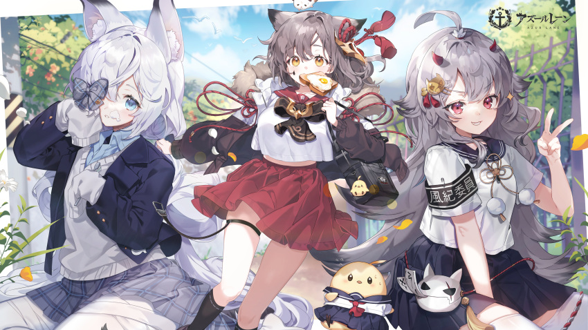 3girls absurdres ahoge animal_ears armband azur_lane commentary_request fence food food_in_mouth hair_ornament hibiki_(azur_lane) highres kasumi_(at_school_with_foo)_(azur_lane) kasumi_(azur_lane) long_sleeves looking_at_viewer manjuu_(azur_lane) mouth_hold multiple_girls munel official_art school_uniform sky suzutsuki_(azur_lane) toast toast_in_mouth v yellow_eyes
