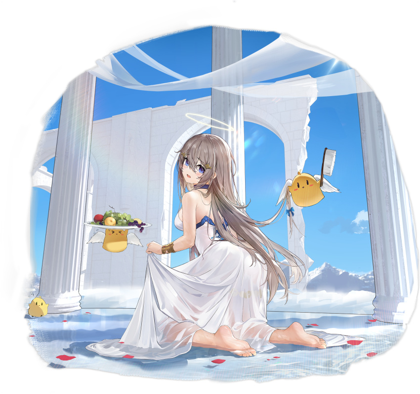 1girl azur_lane banxuan_c2ka bare_shoulders bareback barefoot blue_eyes blush bracer breasts choker column dress feet food fortune_(azur_lane) fortune_(seraphic_sunshine)_(azur_lane) from_behind fruit grapes grey_hair hair_between_eyes hair_brush hair_ornament hairclip halo highres kneeling large_breasts looking_at_viewer looking_back manjuu_(azur_lane) official_alternate_costume official_art open_mouth petals petals_on_liquid pillar see-through sidelocks skirt_hold soles toes transparent_background water wet wet_clothes white_dress wide_shot