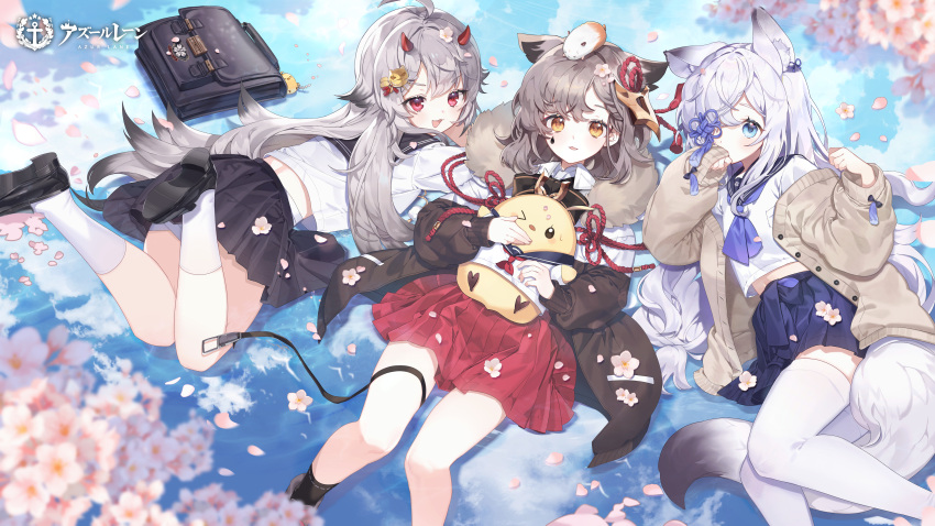 3girls absurdres animal_ears azur_lane bag commentary_request fox_ears grey_hair hibiki_(azur_lane) highres horns kasumi_(azur_lane) legs_up long_hair looking_at_viewer manjuu_(azur_lane) multiple_girls munel official_art oni_horns open_mouth petals school_uniform short_hair suzutsuki_(azur_lane) thighhighs white_legwear