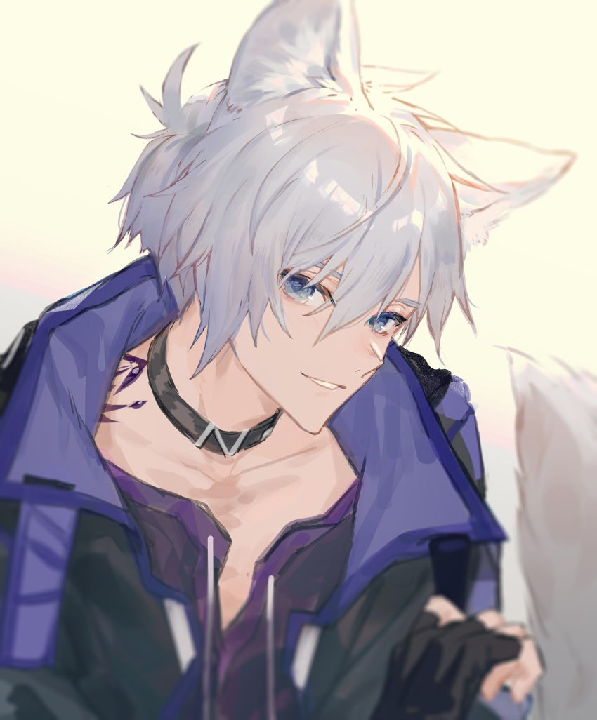 1boy animal_ears arknights bangs black_gloves black_jacket blue_eyes dog_boy dog_ears dog_tail fingerless_gloves gloves hair_between_eyes highres jacket looking_at_viewer lowro_(en) male_focus parted_lips silver_hair simple_background solo steward_(arknights) tail upper_body yellow_background