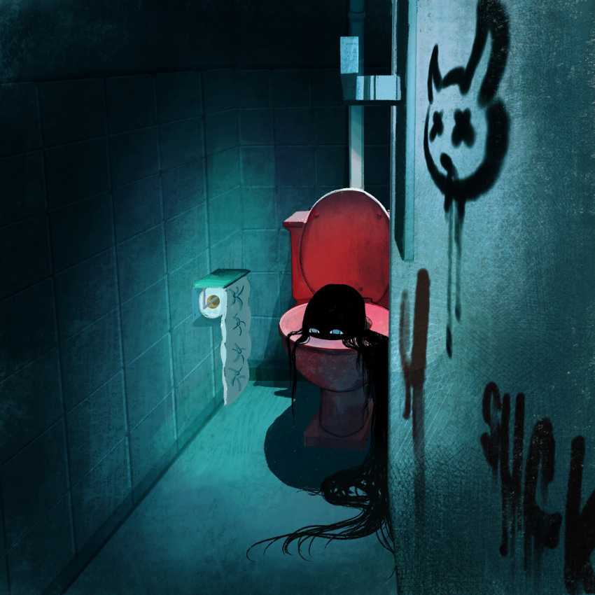 1girl black_hair black_skin blue_eyes colored_skin commentary congming33 door english_commentary highres indoors long_hair looking_at_viewer open_door original pain solo toilet toilet_paper very_long_hair