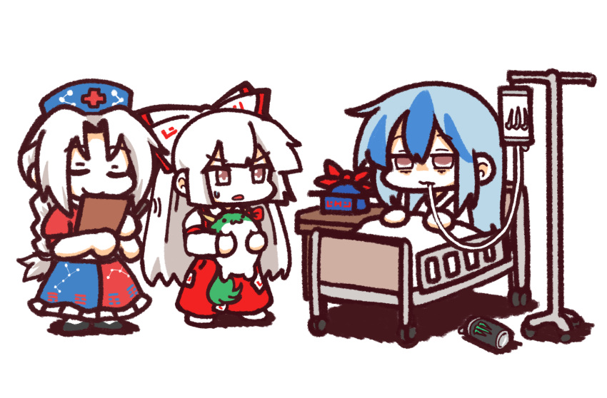 3girls bed blanket blue_hair bow braid can clipboard commentary concha_(mamecha) cross drinking fujiwara_no_mokou hair_bow hat hat_removed headwear_removed highres jitome kamishirasawa_keine kamishirasawa_keine_(hakutaku) long_hair monster_energy multicolored_hair multiple_girls nurse_cap red_bow red_eyes silver_hair simple_background smile sukusuku_hakutaku suspenders touhou two-tone_hair white_background yagokoro_eirin