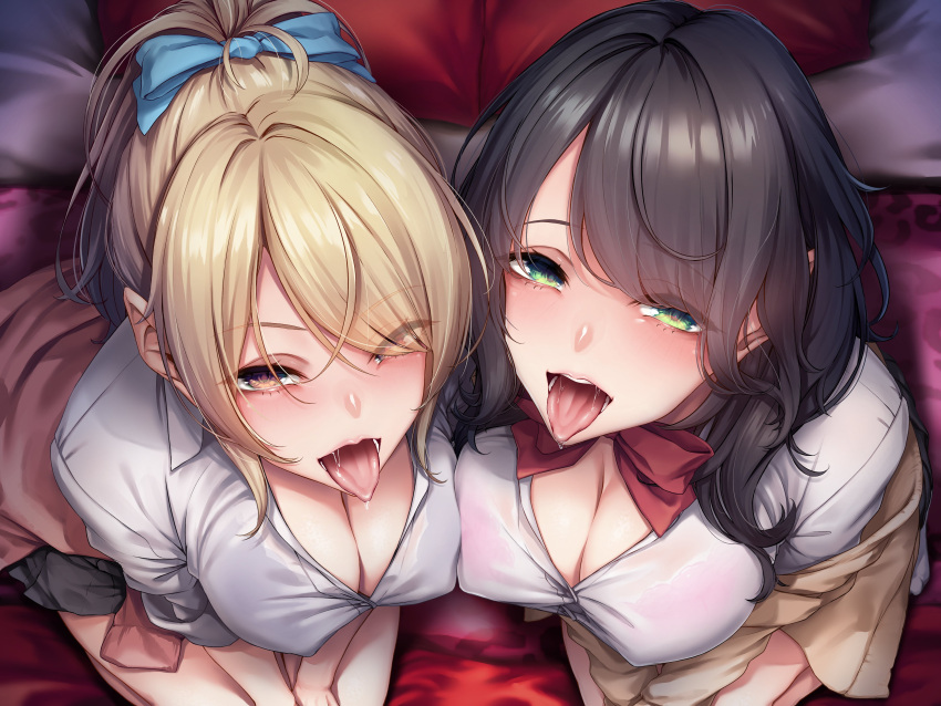 2girls absurdres bangs black_hair blonde_hair blue_bow blush bow bowtie bra breasts brown_eyes cleavage collared_shirt commentary_request dress_shirt eyebrows_visible_through_hair eyelashes green_eyes grey_skirt hair_bow highres kurofude_anna large_breasts long_sleeves looking_at_viewer miniskirt multiple_girls off_shoulder oral_invitation original pink_bra pleated_skirt ponytail red_bow red_bowtie saliva saliva_trail school_uniform see-through shirt skirt teeth thighhighs tongue tongue_out underwear white_shirt wing_collar