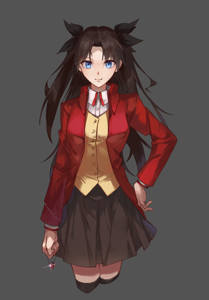 1girl ayrshine black_bow black_legwear black_ribbon black_skirt blue_eyes bow breasts brown_hair cropped_legs fate/stay_night fate_(series) gem grey_background hair_bow hand_on_hip highres homurahara_academy_uniform jacket jewelry jewelry_removed large_breasts long_hair looking_at_viewer necklace necklace_removed red_jacket red_ribbon ribbon shirt skirt smile solo thighhighs tohsaka_rin twintails vest white_shirt yellow_vest