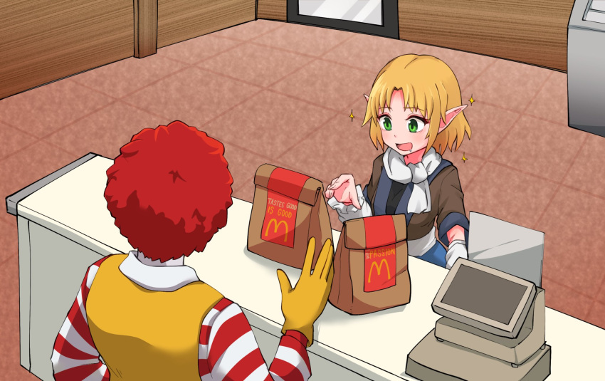 1boy 1girl afro arm_warmers bag bangs black_shirt blonde_hair breasts brown_jacket cash_register commentary_request cookie_(touhou) eyebrows_visible_through_hair fast_food gloves green_eyes highres indoors jacket joker_(cookie) mcdonald's medium_breasts mizuhashi_parsee multicolored_clothes multicolored_jacket open_mouth pointy_ears red_hair ronald_mcdonald sash scarf shirt short_hair short_sleeves sleeveless_jumpsuit sparkle touhou upper_body white_sash white_scarf yan_pai yellow_gloves yellow_jumpsuit
