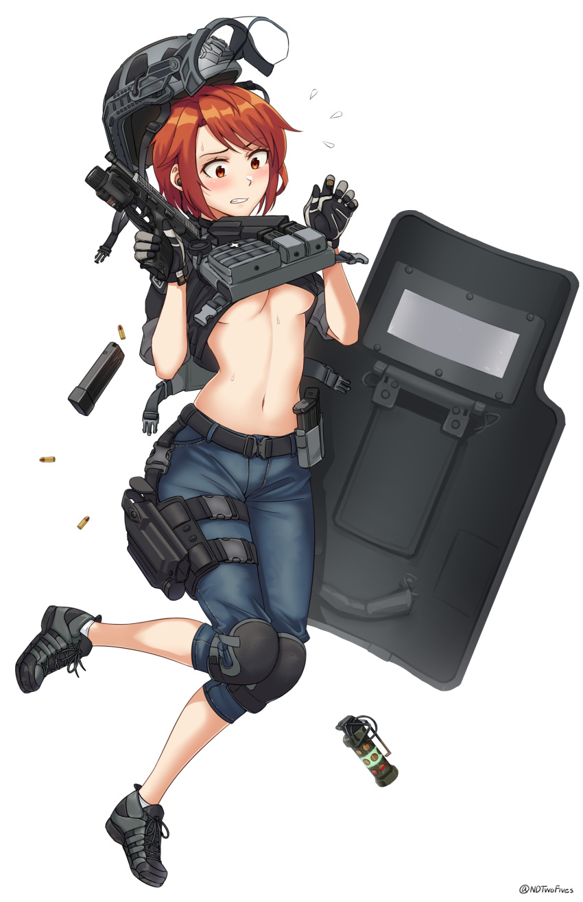 1girl absurdres bangs black_gloves black_shirt blue_shorts breasts bullet chinese_commentary clenched_teeth commentary_request eyebrows_visible_through_hair flashbang flying_sweatdrops full_body gloves grey_footwear grey_headwear gun h&amp;k_vp9 handgun hands_up helmet highres holding holding_gun holding_weapon knee_pads medium_breasts navel ndtwofives orange_hair original pistol red_eyes riot_shield shield shirt shoes shorts simple_background solo sweat teeth twitter_username underboob weapon weapon_request white_background