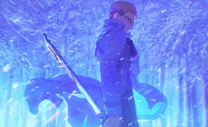 1boy belt blood blood_on_weapon blue_eyes brown_hair commentary_request forest glasses highres holding holding_weapon julius_will_kresnik looking_at_viewer male_focus meipu_hm nature snow solo sword tales_of_(series) tales_of_xillia tales_of_xillia_2 weapon wind wind_lift