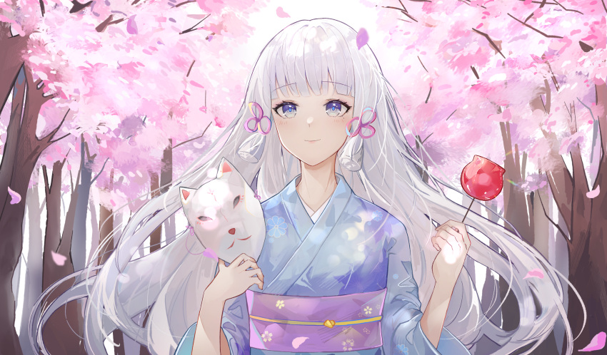 1girl alternate_costume alternate_hair_color bangs blue_eyes blue_kimono blunt_bangs blush branch candy_apple cherry_blossoms eyebrows_visible_through_hair festival floral_print food fox_mask genshin_impact hair_ribbon highres japanese_clothes kamisato_ayaka kimono kkk_dami long_hair looking_at_viewer mask obi petals pink_ribbon purple_sash ribbon sash smile solo tree tress_ribbon white_hair