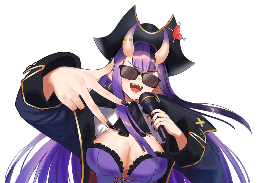 1girl ascot bangs black_ascot black_coat black_headwear black_nails breasts captain_hannah cleavage coat commentary earrings english_commentary eyebrows_visible_through_hair fangs fingernails gudanco_(nyanmeowzer) hat heart heart-shaped_pupils highres holding holding_microphone horn_ornament horn_ring horns indie_virtual_youtuber jewelry large_breasts long_hair long_sleeves looking_at_viewer microphone multicolored_hair nail_polish oni_horns open_clothes open_coat open_mouth pirate pirate_hat pointy_ears purple_hair rapping red_eyes second-party_source shrug_(clothing) sidelocks solo sunglasses symbol-shaped_pupils tricorne virtual_youtuber wing_collar