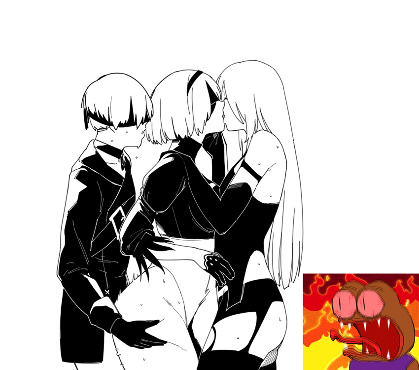 1boy 2girls bisexual_female blindfold bob_cut boy's_club breasts commentary_request covered_eyes french_kiss gloves greyscale hairband highleg highleg_leotard huqu juliet_sleeves kiss korean_commentary large_breasts leotard long_hair long_sleeves monochrome multiple_girls nier_(series) nier_automata parted_lips pepe_the_frog pinching puffy_sleeves short_hair simple_background standing sweat white_background yorha_no._2_type_b yorha_no._9_type_s yorha_type_a_no._2