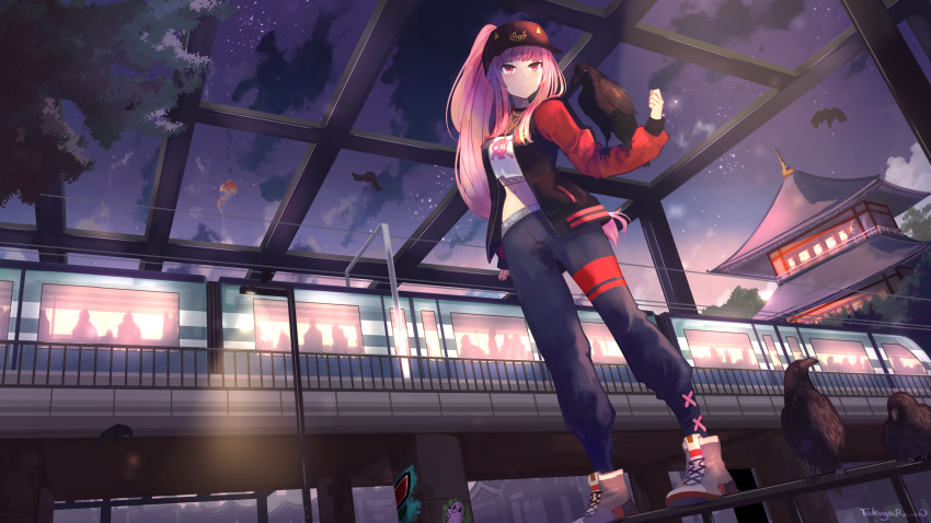 1girl absurdres animal bangs baseball_cap bird black_headwear blunt_bangs cloud commentary crop_top crow english_commentary ground_vehicle hat highres hololive hololive_english jacket long_hair long_sleeves looking_away midriff mori_calliope nail_polish navel night night_sky official_alternate_costume open_clothes open_jacket pants pink_hair ponytail red_eyes red_nails serious sidelocks skull_and_crossbones sky solo standing takanashi_kiara_(phoenix) takuyarawr train train_station very_long_hair virtual_youtuber