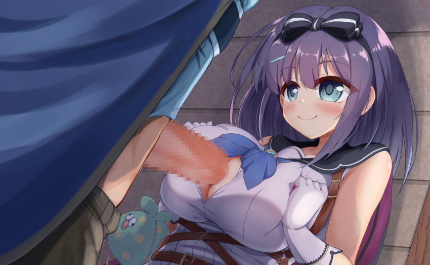 1boy 1girl belt black_bow blue_eyes blue_neckerchief blue_shirt bow breast_squeeze breasts buckle censored cleavage cleavage_cutout closed_mouth clothing_cutout gloves hair_bow hair_ornament hairclip hetero huge_breasts looking_at_another medium_hair mikage_(shibi) misora_(princess_connect!) mosaic_censoring neckerchief paizuri paizuri_under_clothes penis perpendicular_paizuri princess_connect! purple_hair self_fondle shiny shiny_hair shirt smile striped striped_bow upper_body white_gloves yuuki_(princess_connect!)