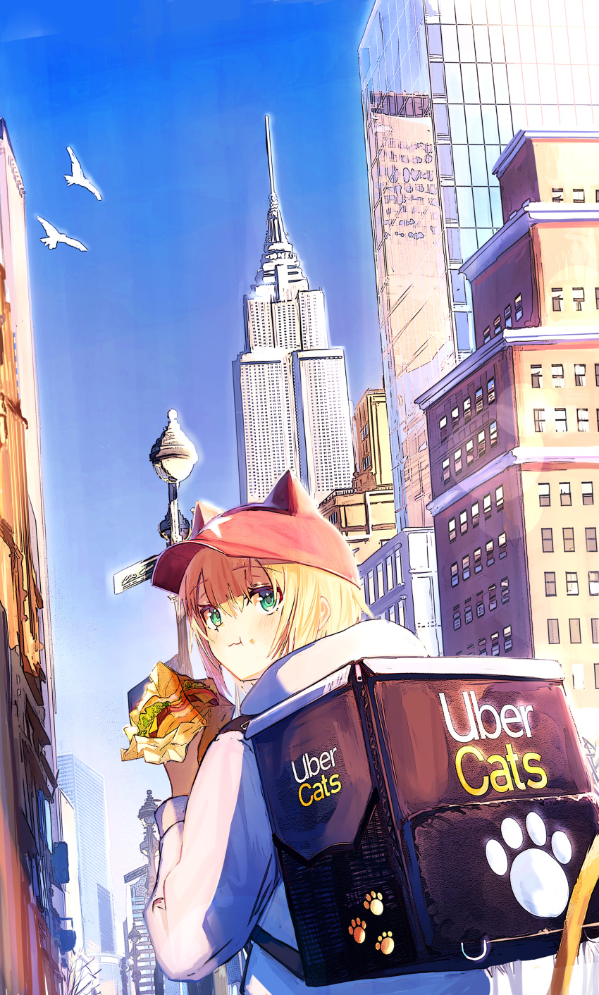 1girl absurdres animal_ears aqua_eyes baseball_cap blonde_hair burger cat_ears cat_girl cat_tail city eating empire_state_building eyebrows_visible_through_hair food food_delivery_box food_on_face from_behind grey_hoodie hair_between_eyes hat highres hood hoodie looking_back new_york original real_world_location scenery short_hair signature solo tail traditional_media tsubameno uber_eats upper_body