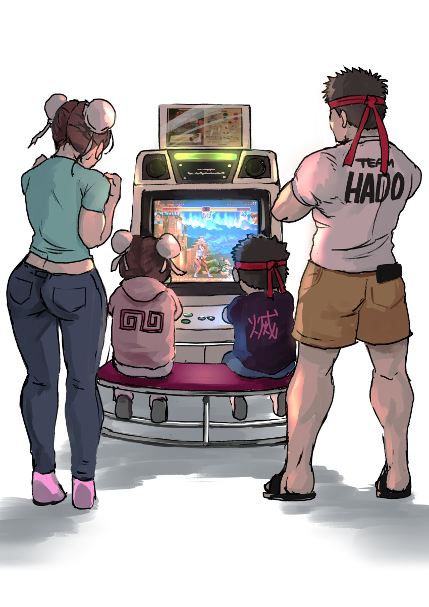 2boys 2girls 6maker absurdres arcade_cabinet ass astro_city bench black_hair brown_hair bun_cover casual child chun-li clothes_writing crossed_arms denim double_bun english_commentary family father_and_son headband highres hood hood_down hoodie if_they_mated jeans looking_at_another mature_female meta mother_and_daughter multiple_boys multiple_girls muscular muscular_male pants pink_hoodie playing_games red_headband ryu_(street_fighter) sandals shirt shorts sketch street_fighter street_fighter_ii_(series) t-shirt