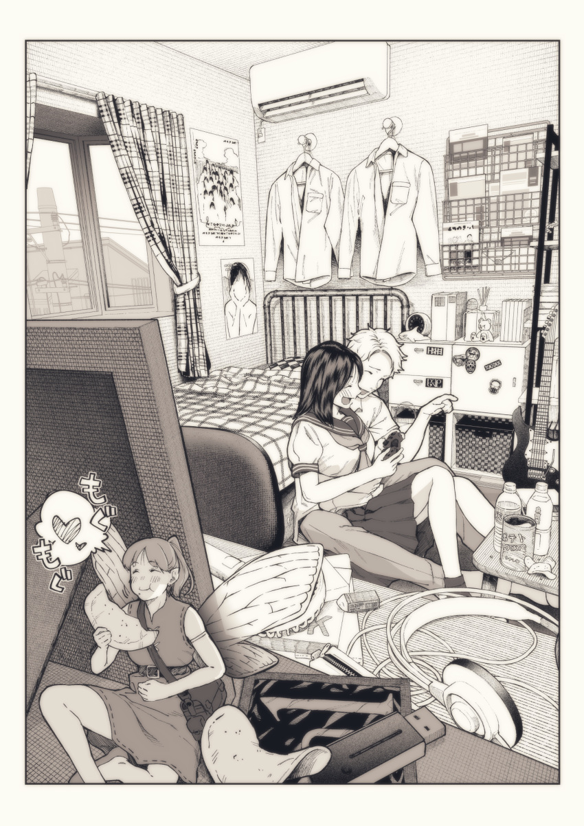 1boy 2girls bed chips closed_eyes controller couple eating fairy fairy_wings food game_controller greyscale heart hiding highres jorori minigirl monochrome multiple_girls original poster_(object) potato_chips reward_available room sitting sitting_on_lap sitting_on_person smile spoken_heart wings